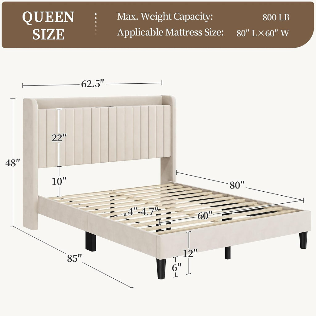 Yaheetech Queen Bed Frame with Channel-Tufted Storage Headboard, Cool Beige
