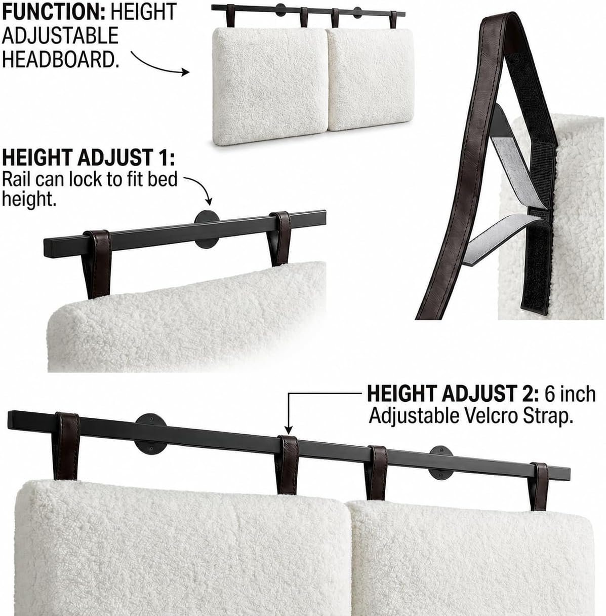 Wall Mounted Headboard Queen Size for Adjustable Bed, White