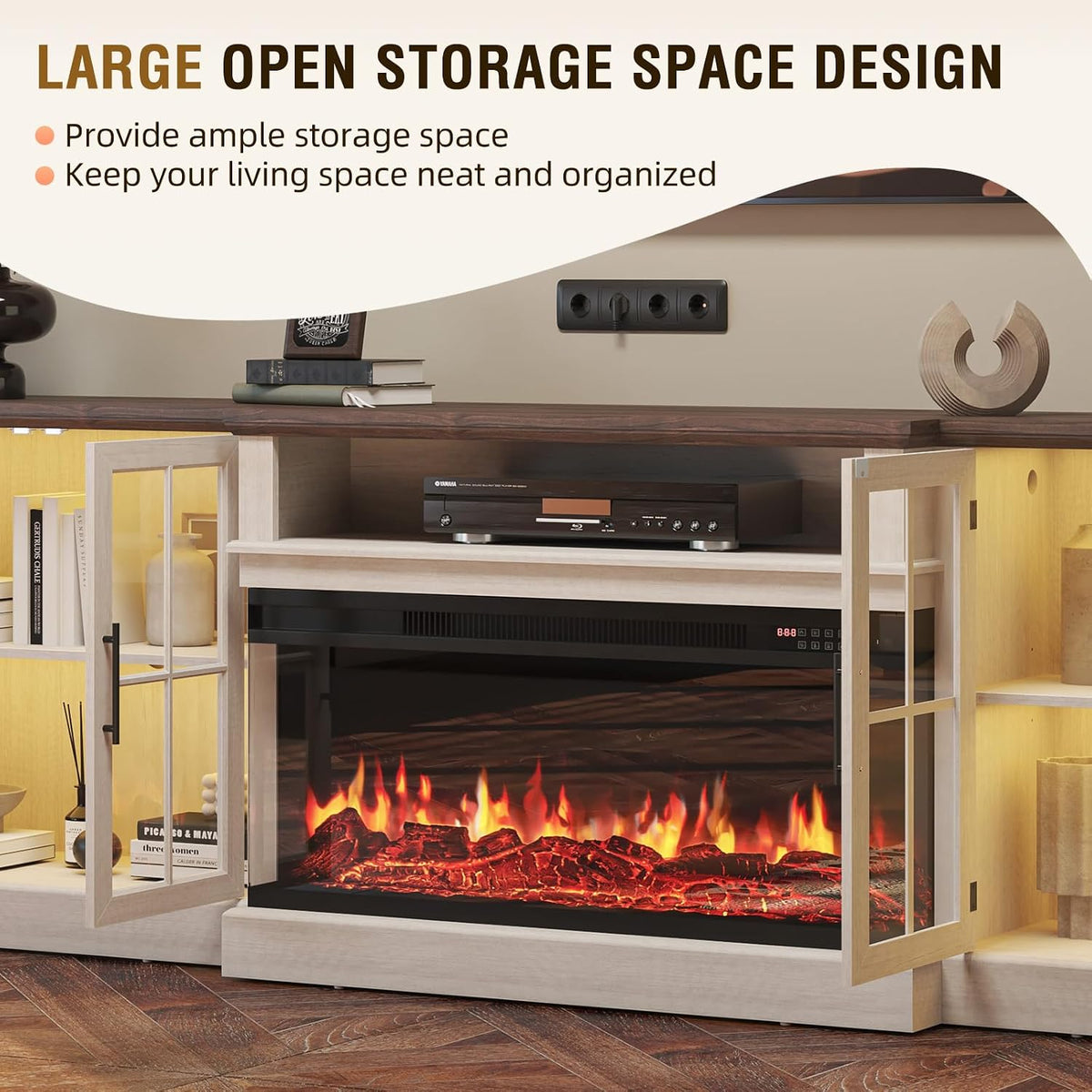 98" Farmhouse TV Stand with Fireplace, White & Black