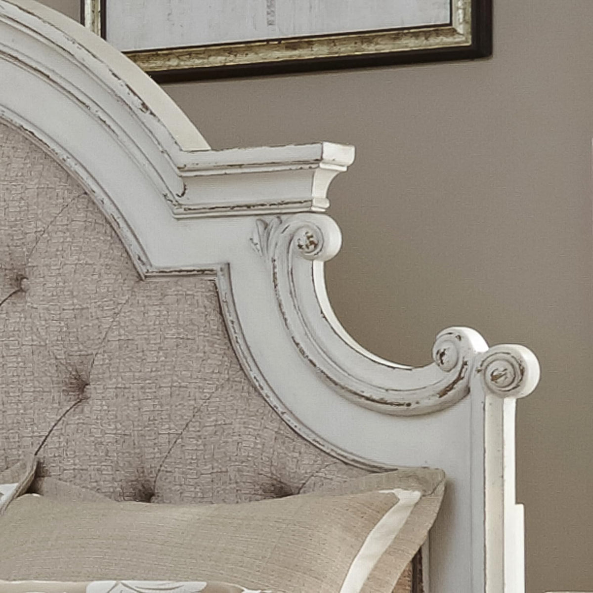 Liberty Furniture Magnolia Manor Queen Upholstered Panel Headboard European Traditional Bedroom - Antique White & Weathered Bark Oak Wood