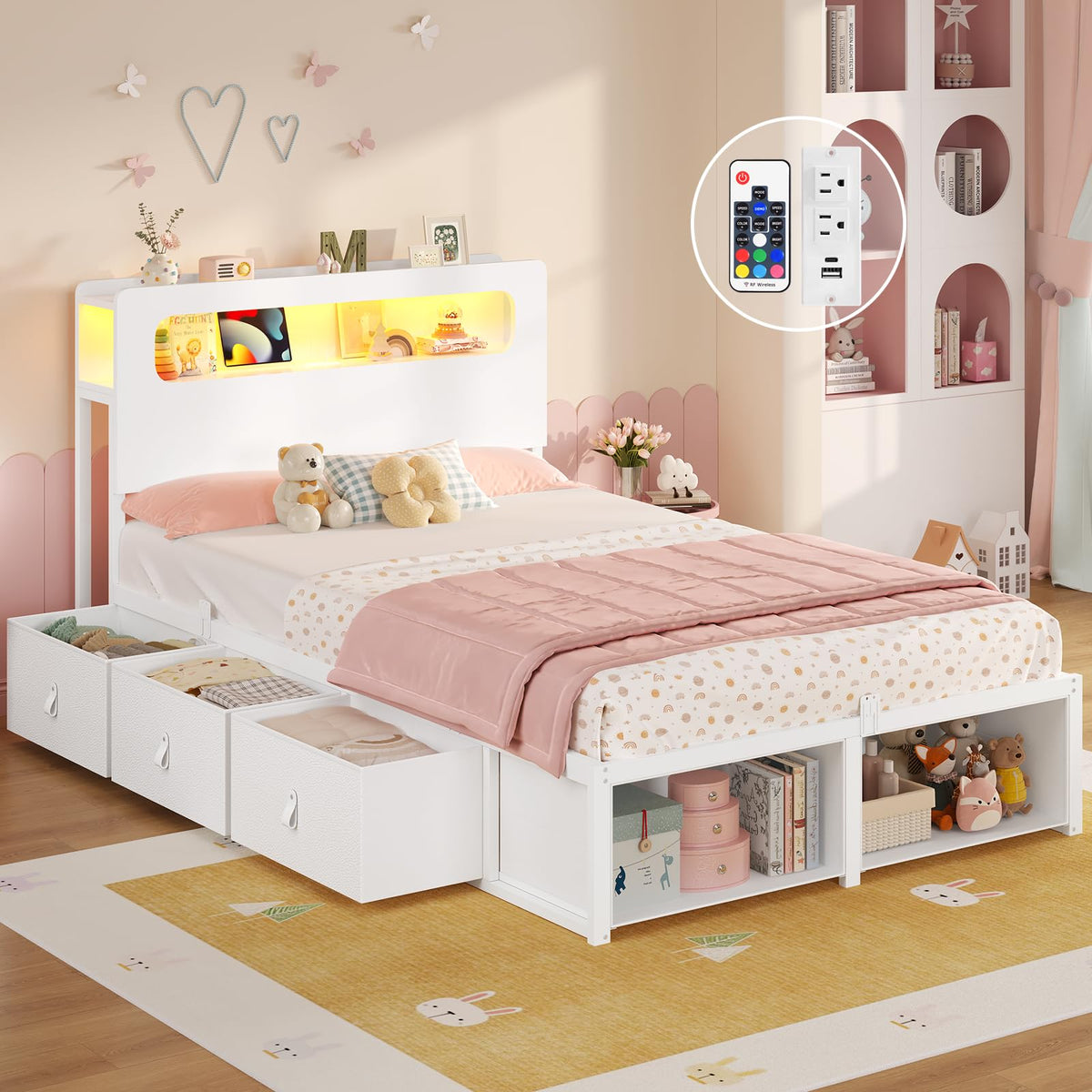 ADORNEVE Twin Bed Frame with 6 Storage Drawers & LED Headboard, Black