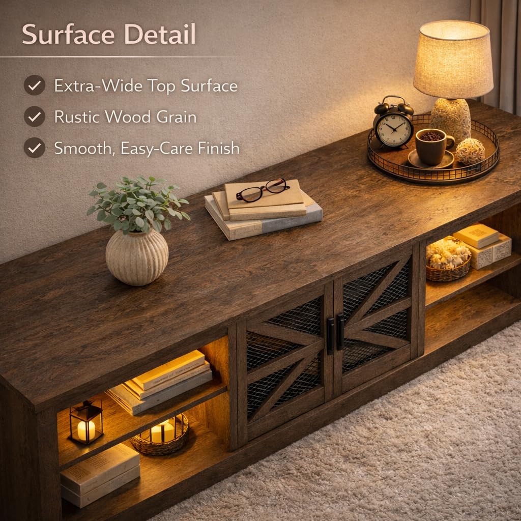 78.7" Farmhouse TV Stand for 85" TV with RGB LED Lights, Rustic Brown