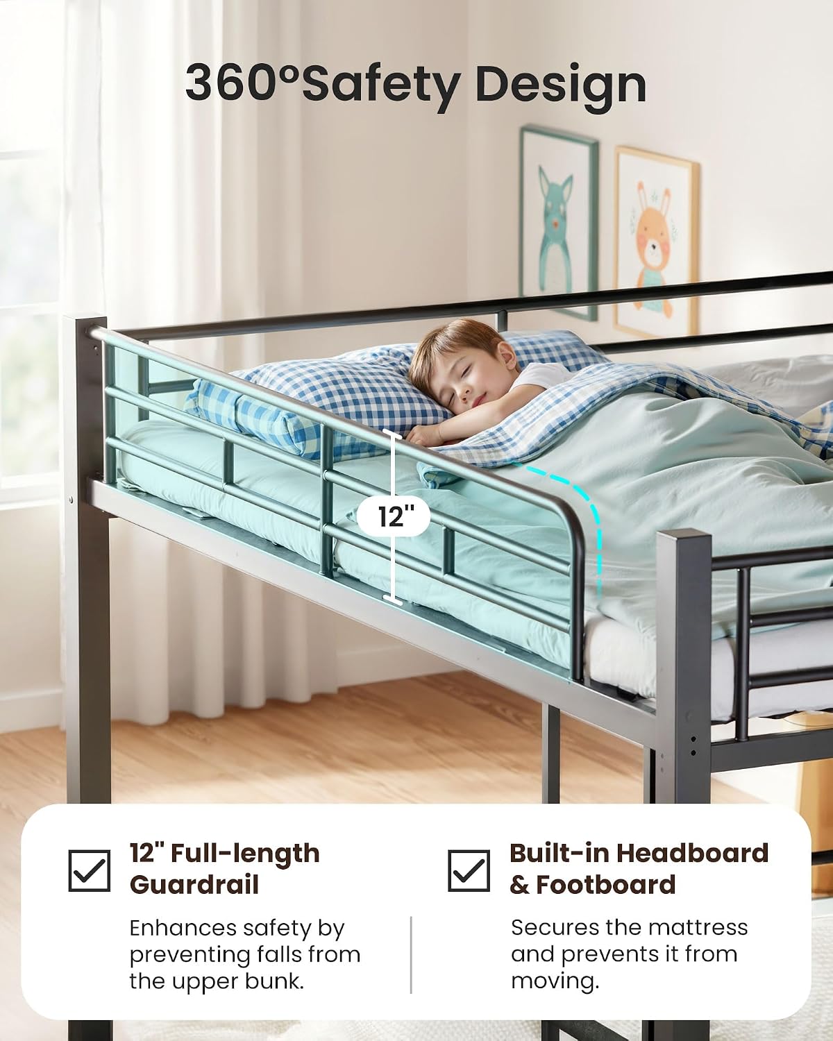 Queen over Queen Bunk Bed, Heavy Duty Bed frame with Ladder & Guardrails
