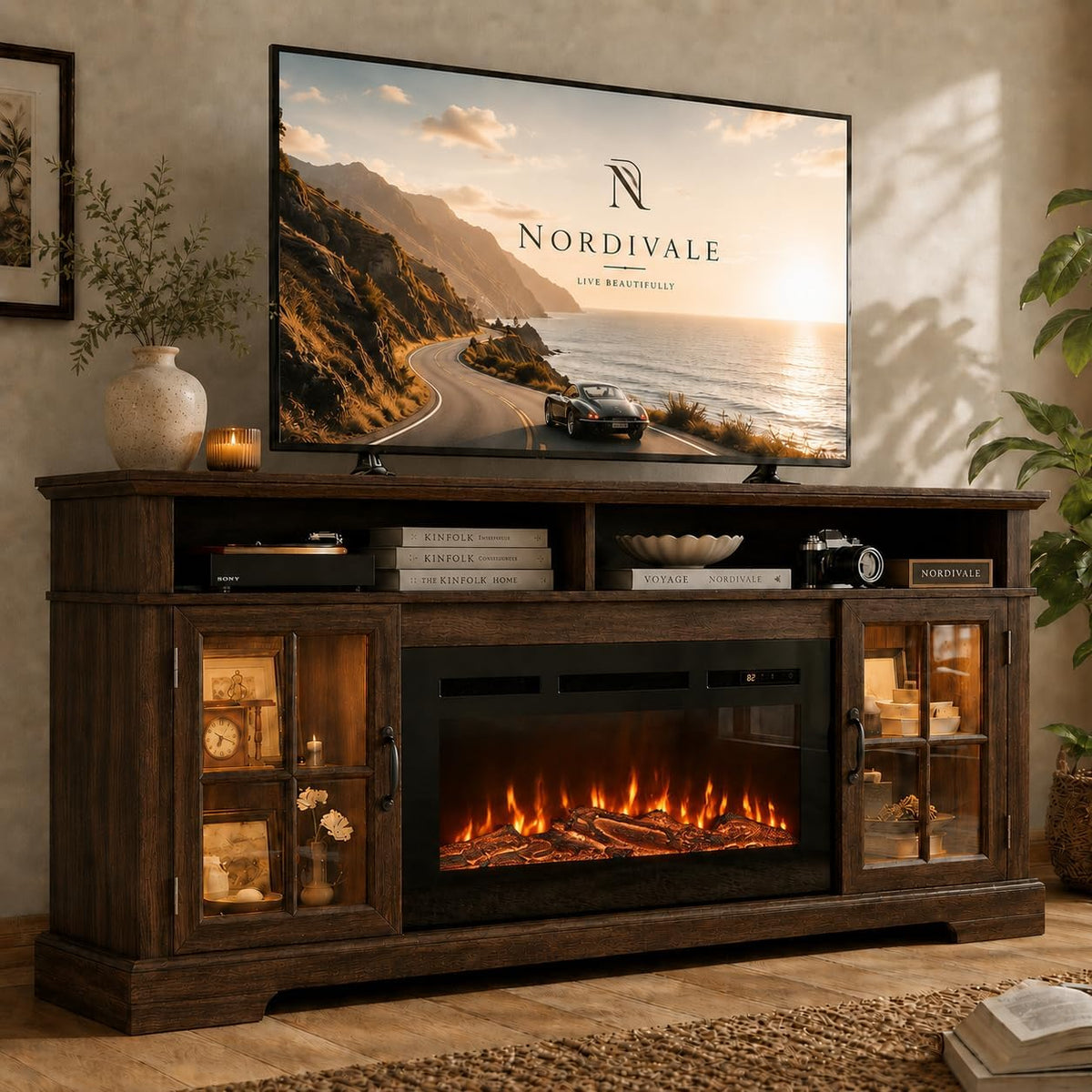 70" Farmhouse Fireplace TV Stand for TVs up to 80", Entertainment Center with 36" Electric Fireplace, LED Lights and Glass-Door Storage Cabinets, Brown