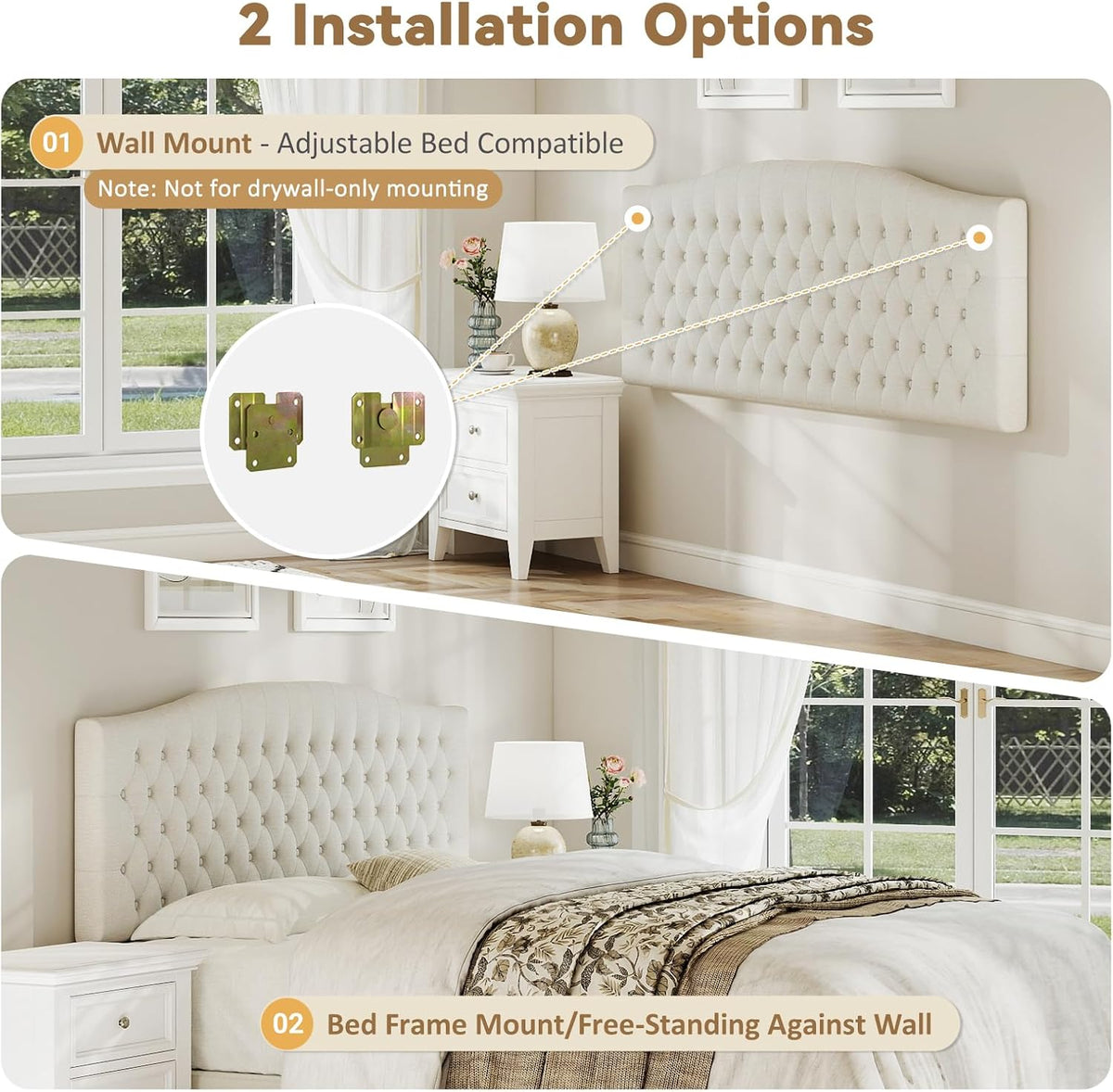 Befurtori King Headboard Only, Linen Classic Tufted Design, Ivory