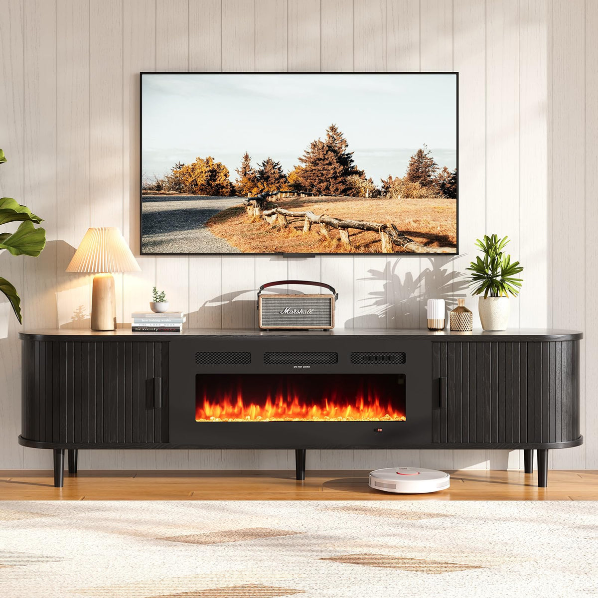 70" Mid Century Modern TV Stand with Fireplace, Fluted Fireplace TV Stand, Entertainment Center with Sliding Door, TV Console with Solid Wood Legs for Living Room, Black
