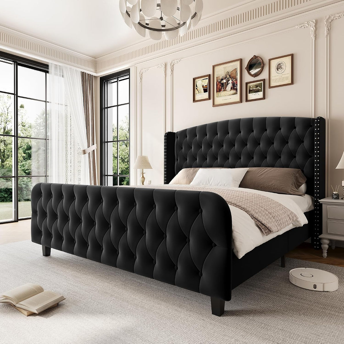 51" Tall Deep Button Tufted Suede Queen Bed Frame – Wingback Headboard & Footboard with Nailhead Trim – Sturdy Wood Slats, No Box Season Needed, Easy Assembly