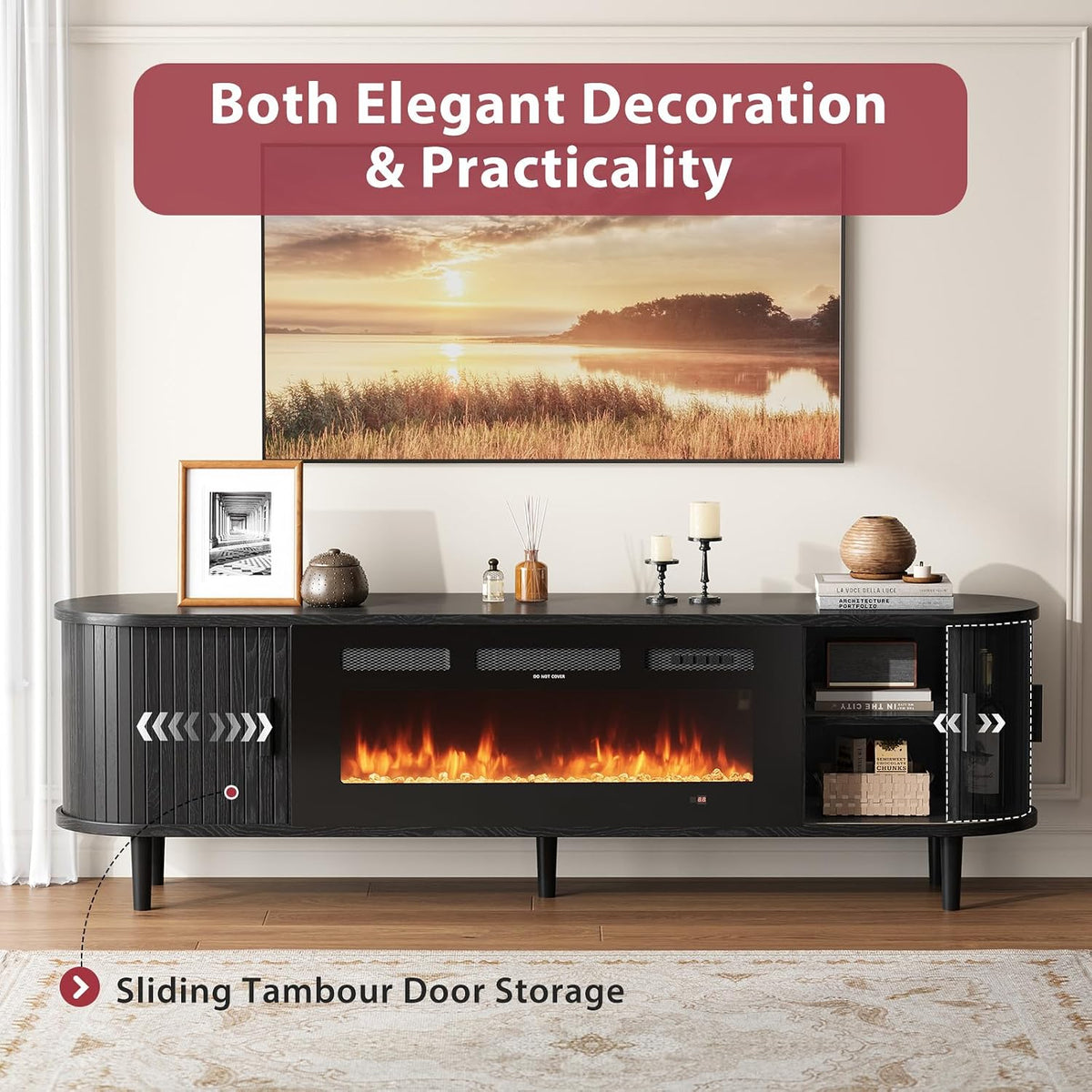 70" Mid Century Modern TV Stand with Fireplace, Fluted Fireplace TV Stand, Entertainment Center with Sliding Door, TV Console with Solid Wood Legs for Living Room, Black