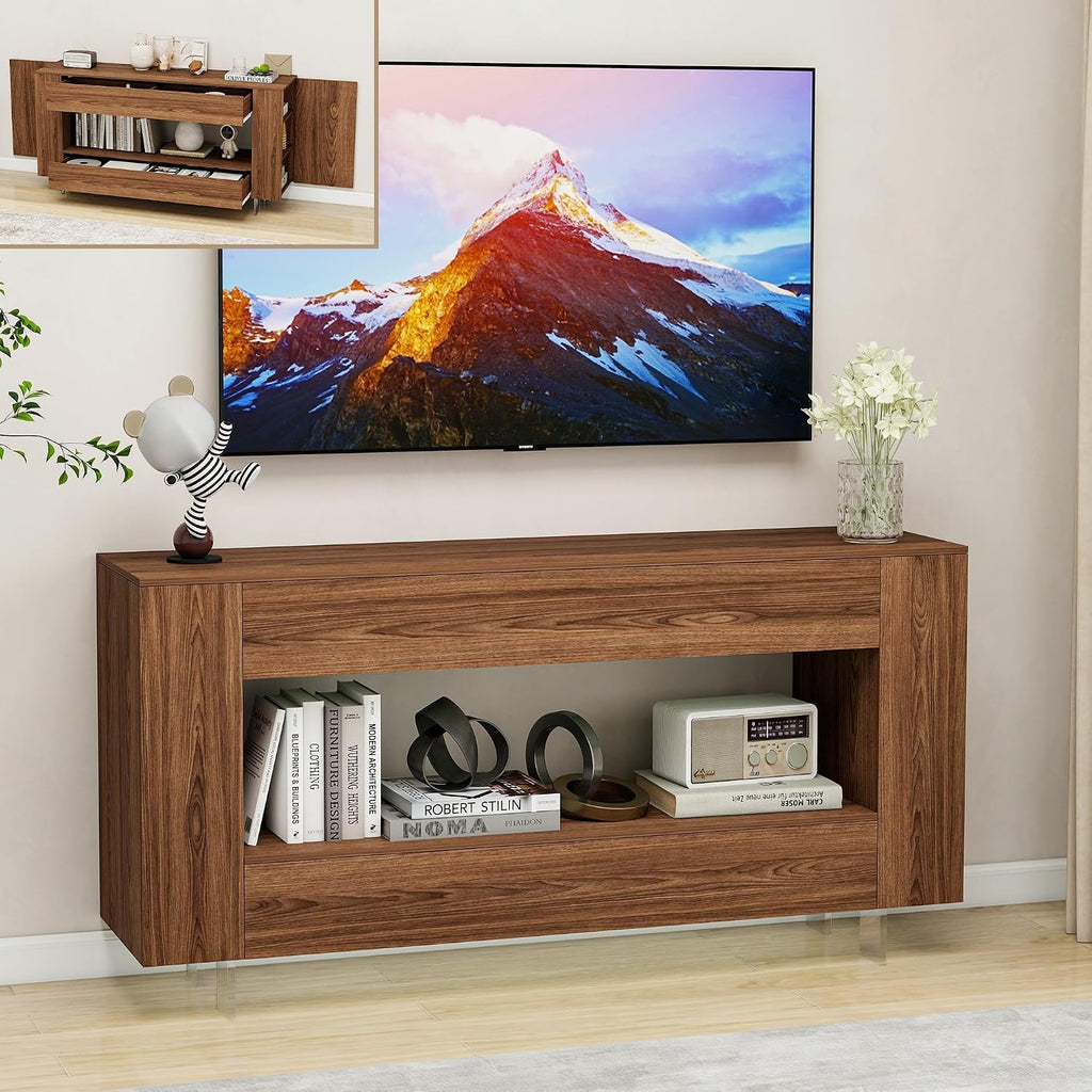 65" TV Stand with 2 Drawers & Hidden Cabinets, Brown Wood Grain Finish
