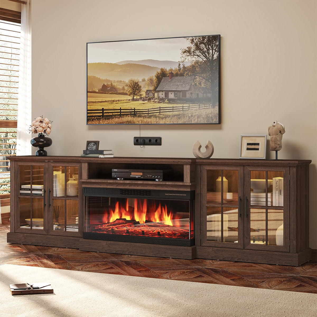 98" Farmhouse TV Stand with 36" Fireplace, Black & Black