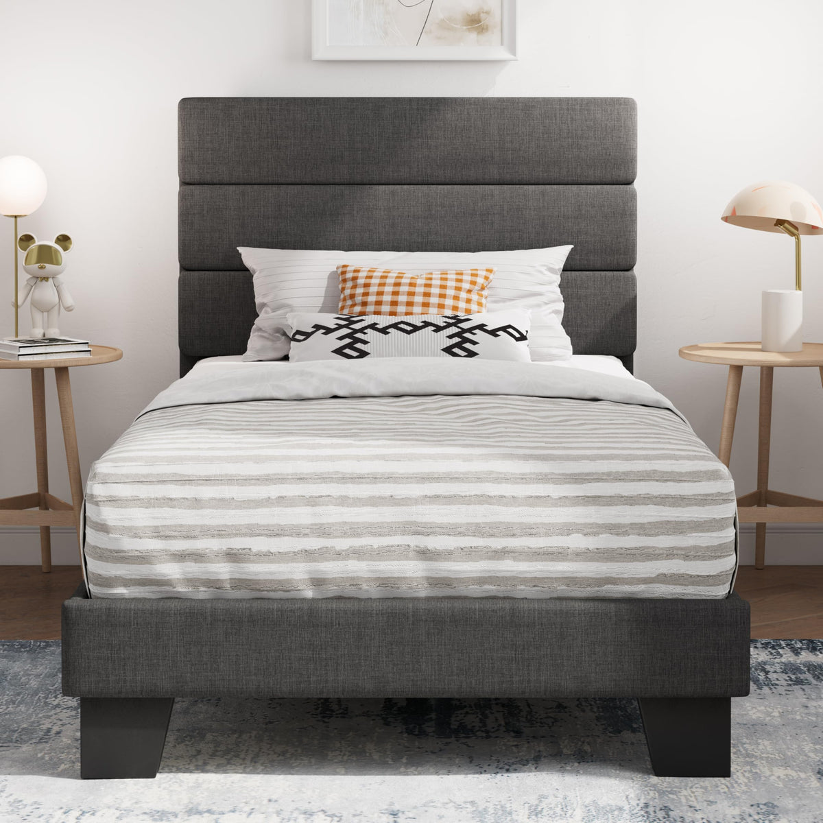 SHA CERLIN Queen Platform Bed Frame with Upholstered Fabric Headboard,Beige