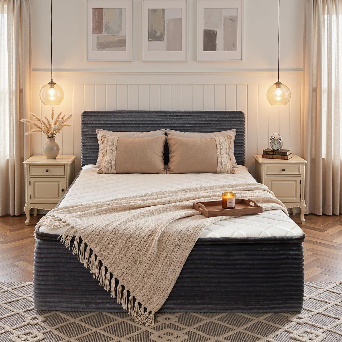 Queen Boneless Bed Frame with Headboard, 17'' Memory Foam Mattress, Gray