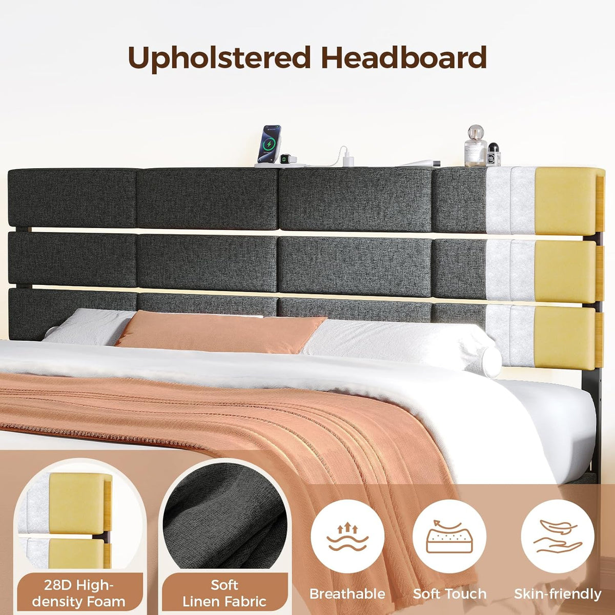 King/Cal King Size Headboard with Charging Station & Lights, Dark Grey