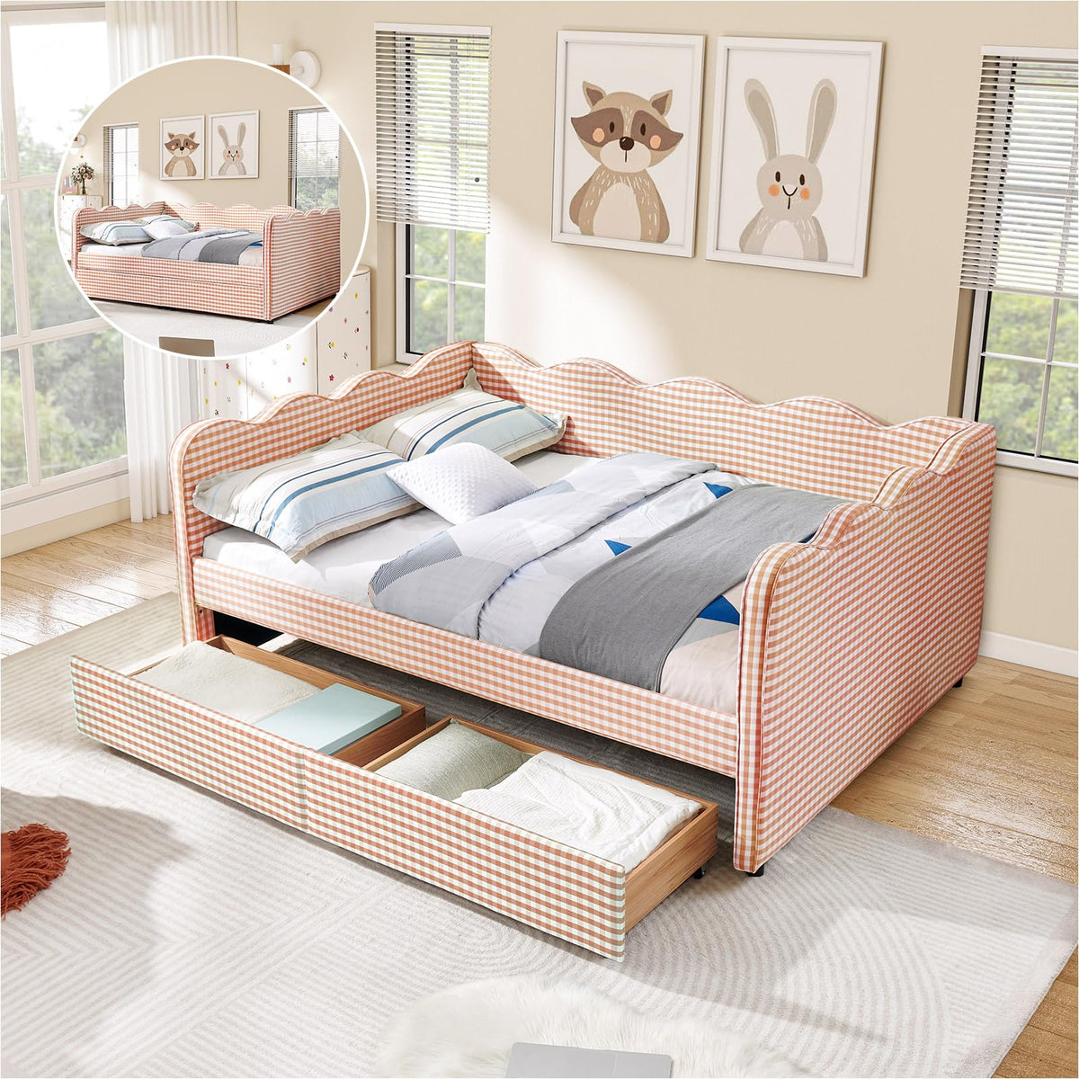 Twin Size Daybed with Pop Up Trundle, Linen Gingham Twin to King Daybed with USB Ports, Upholstered Day Bed Frame, Modern Sofa Bed for Living Room/Bedroom/Guest Room, No Box Spring Needed, Pink