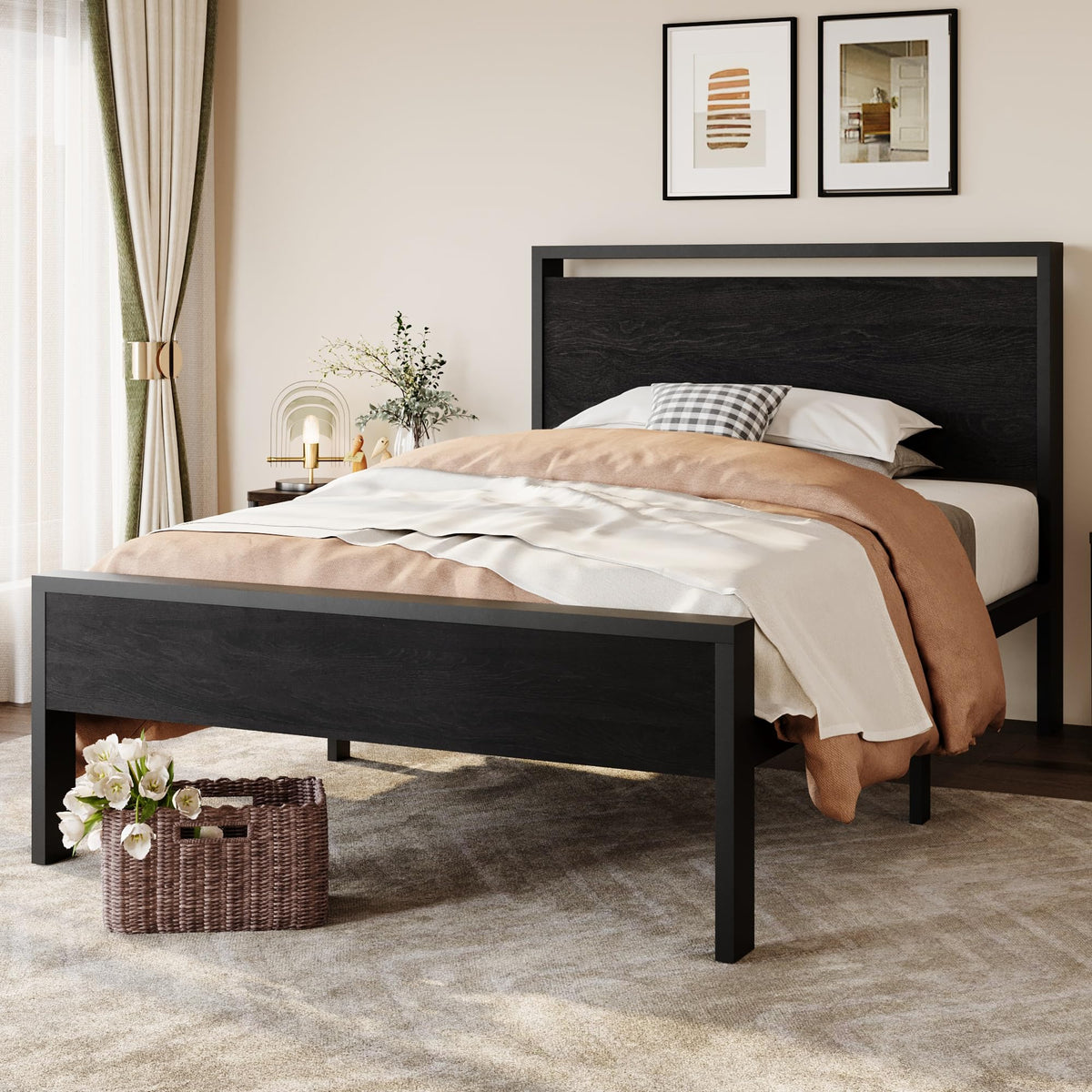 SHA CERLIN 14 Inch Queen Metal Platform Bed Frame with Wooden Headboard and Footboard, No Box Spring Needed, Large Under Bed Storage, Heavy Duty Slats Support, White Washed Oak
