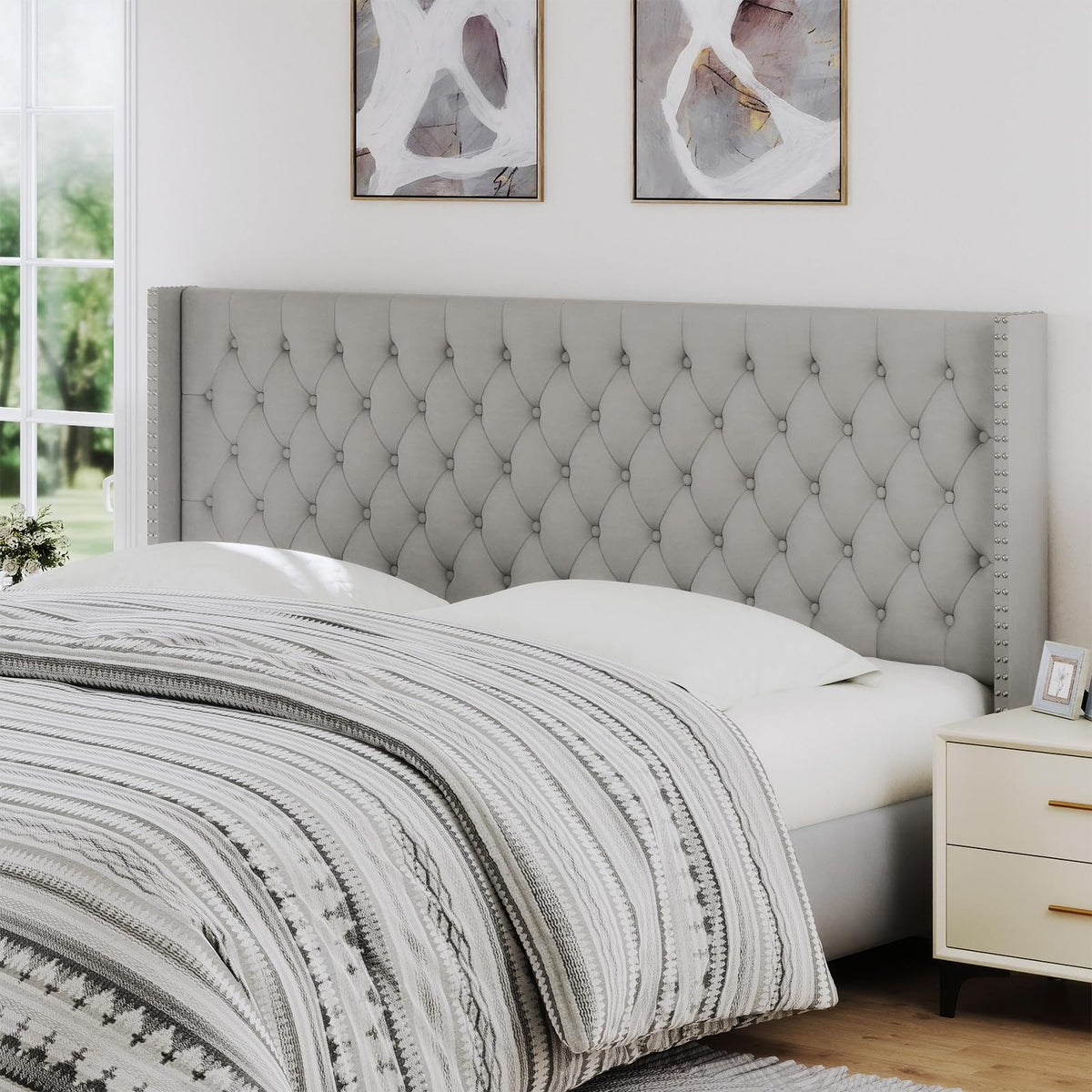 Furpopup Linen King Size Headboard Only, Wingback Wall Mount, Ivory