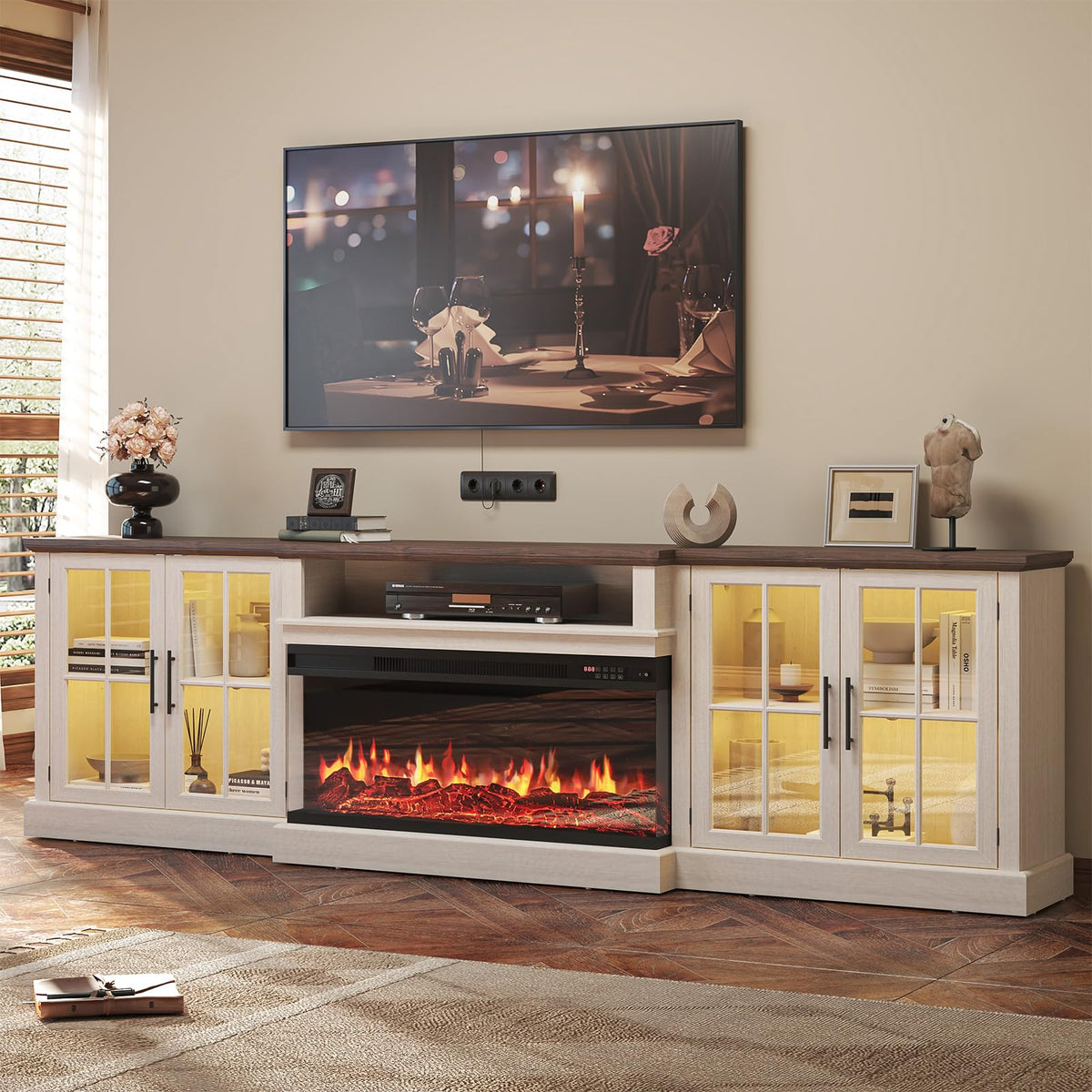 98" Farmhouse TV Stand with 36" Fireplace, Black & Black