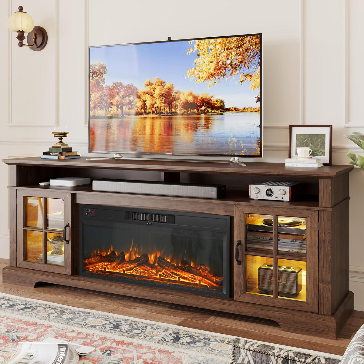 70" TV Stand with Electric Fireplace, Modern Entertainment Center for TVs Up to 80 Inches, Media Console with Storage Cabinets & Doors, Farmhouse Style for Living Room, Black