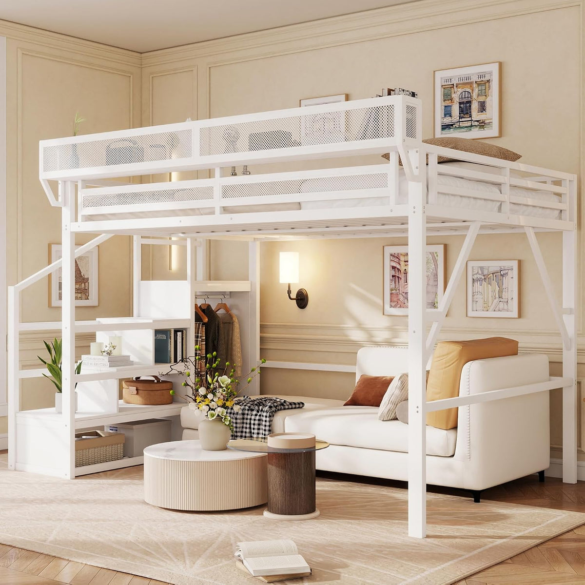 Mirightone Queen Size Loft Bed with Stairs and Storage, Metal Loft Bed Frame with Bedside Shelf and Large Under-Bed Space, Heavy-Duty Loft Beds for Adults Teens and Kids, Convertible Staircase, White