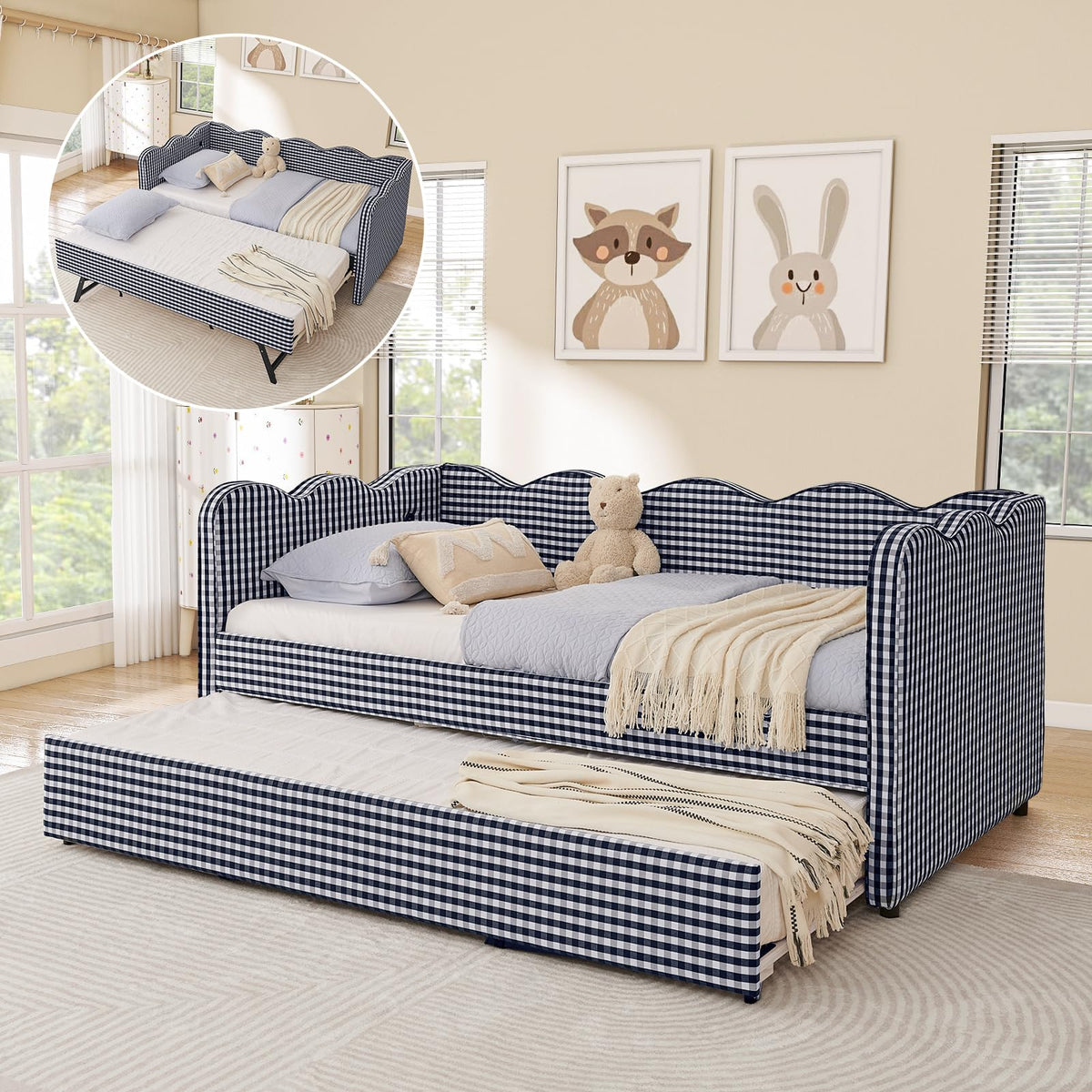 Twin Size Daybed with Pop Up Trundle, Linen Gingham Twin to King Daybed with USB Ports, Upholstered Day Bed Frame, Modern Sofa Bed for Living Room/Bedroom/Guest Room, No Box Spring Needed, Pink