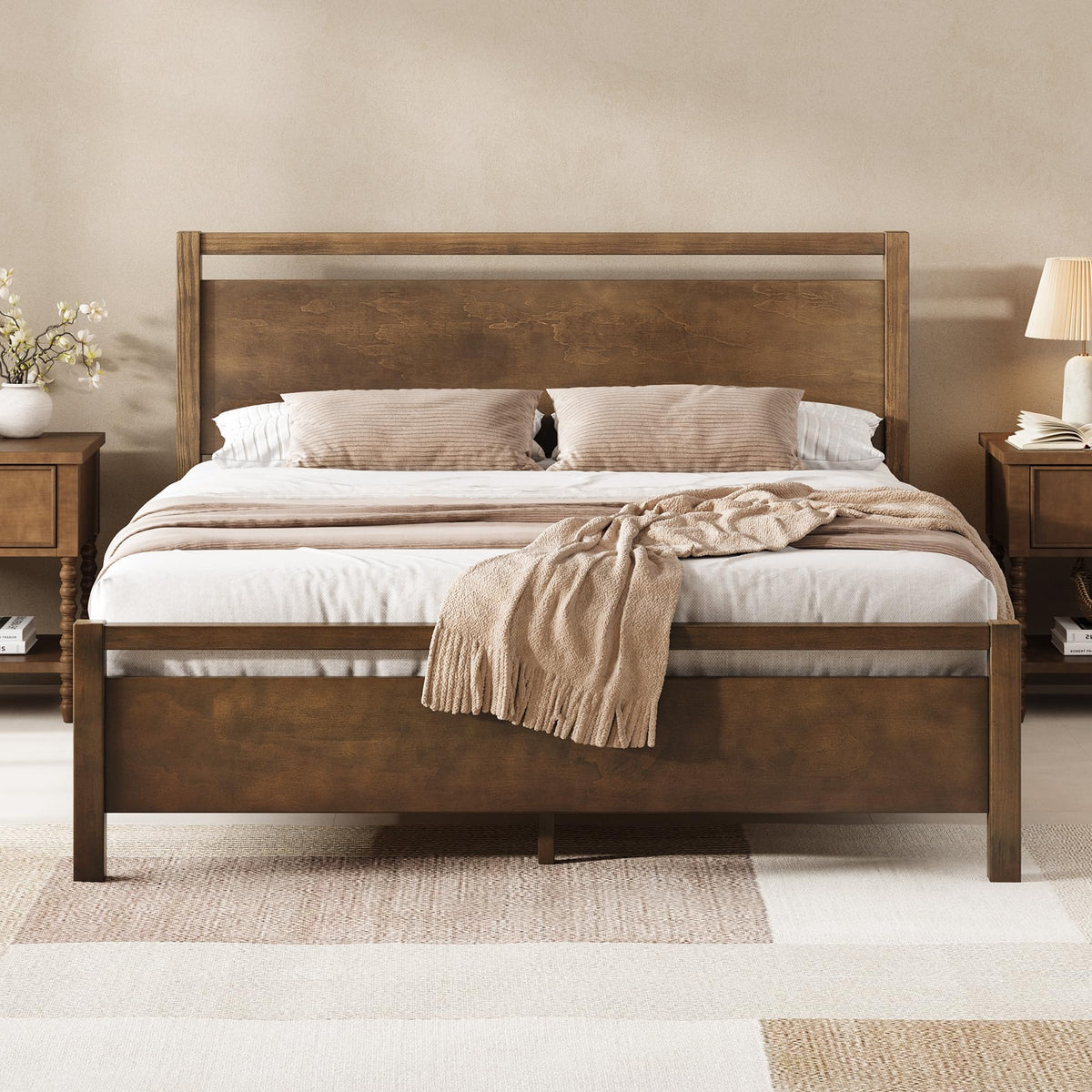 AMERLIFE Minimalist Queen Size Solid Wood Bed Frame with Headboard