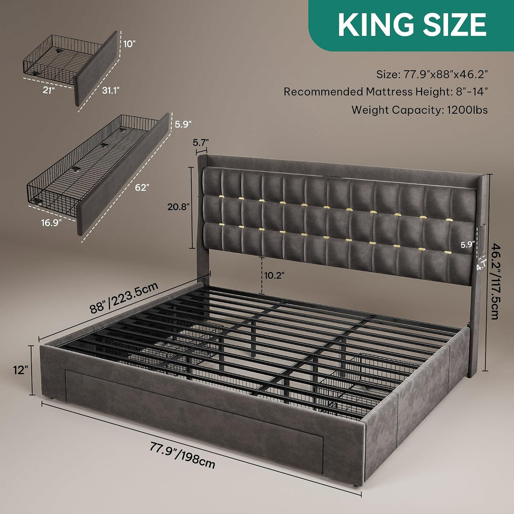 YITAHOME King Size Bed Frame with 3 Storage Drawers and RGB LED Lights