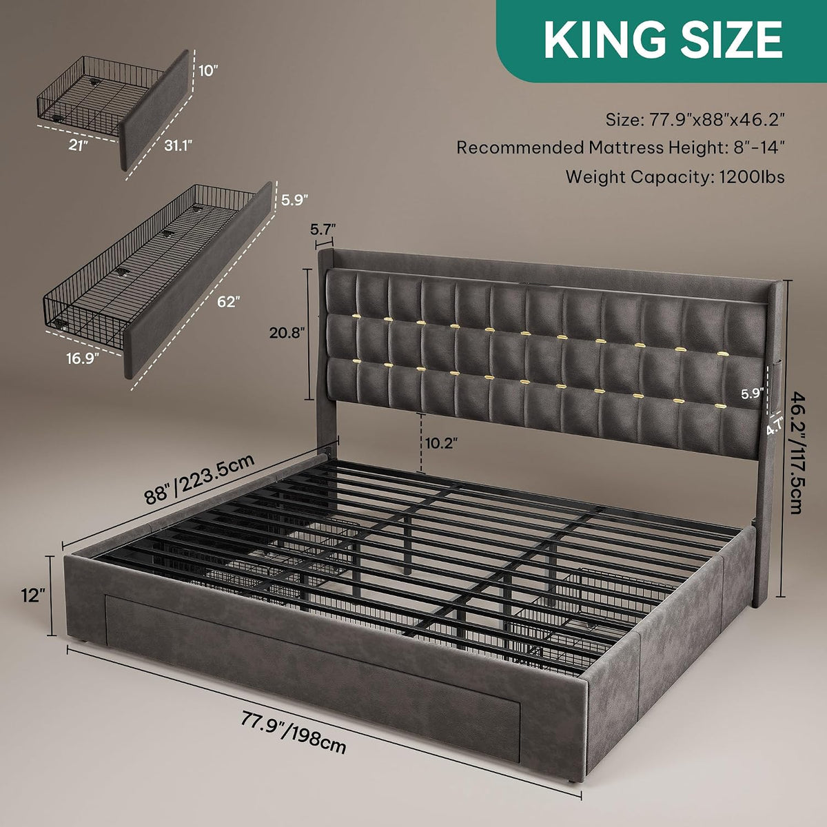 YITAHOME King Size Bed Frame with 3 Storage Drawers and RGB LED Lights