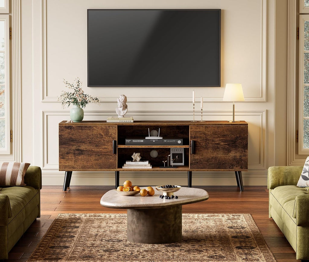 SUPERJARE TV Stand for 55 Inch TV, Entertainment Center with Adjustable Shelf, 2 Cabinets, TV Console Table, Media Console, Solid Wood Feet, Cord Holes, for Living Room, Bedroom, Rustic Brown