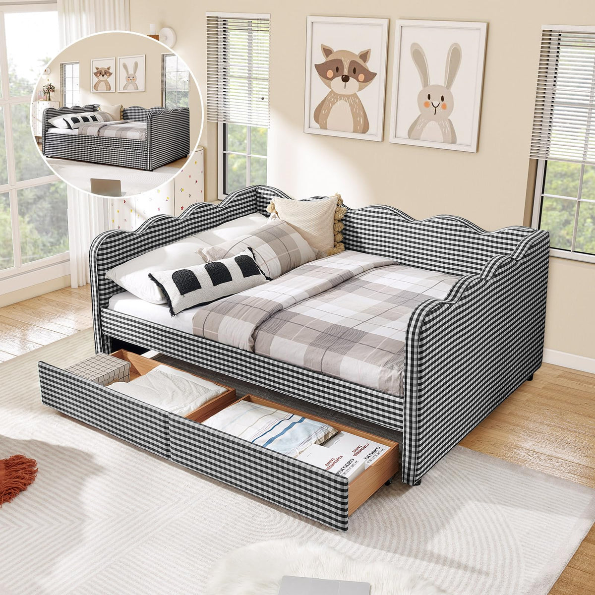 Twin Size Daybed with Pop Up Trundle, Linen Gingham Twin to King Daybed with USB Ports, Upholstered Day Bed Frame, Modern Sofa Bed for Living Room/Bedroom/Guest Room, No Box Spring Needed, Pink