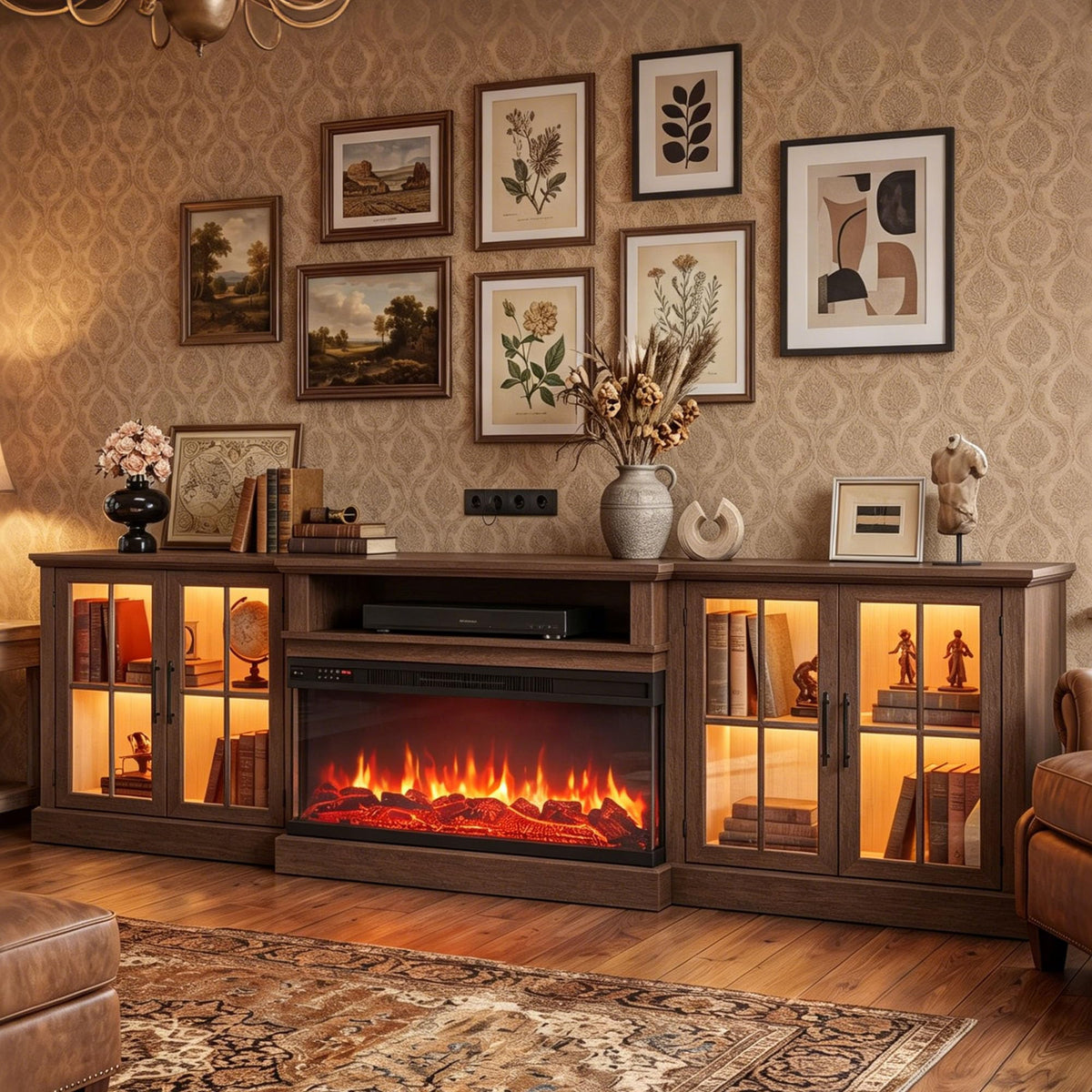 98" Farmhouse TV Stand with 36" Fireplace, Black & Black