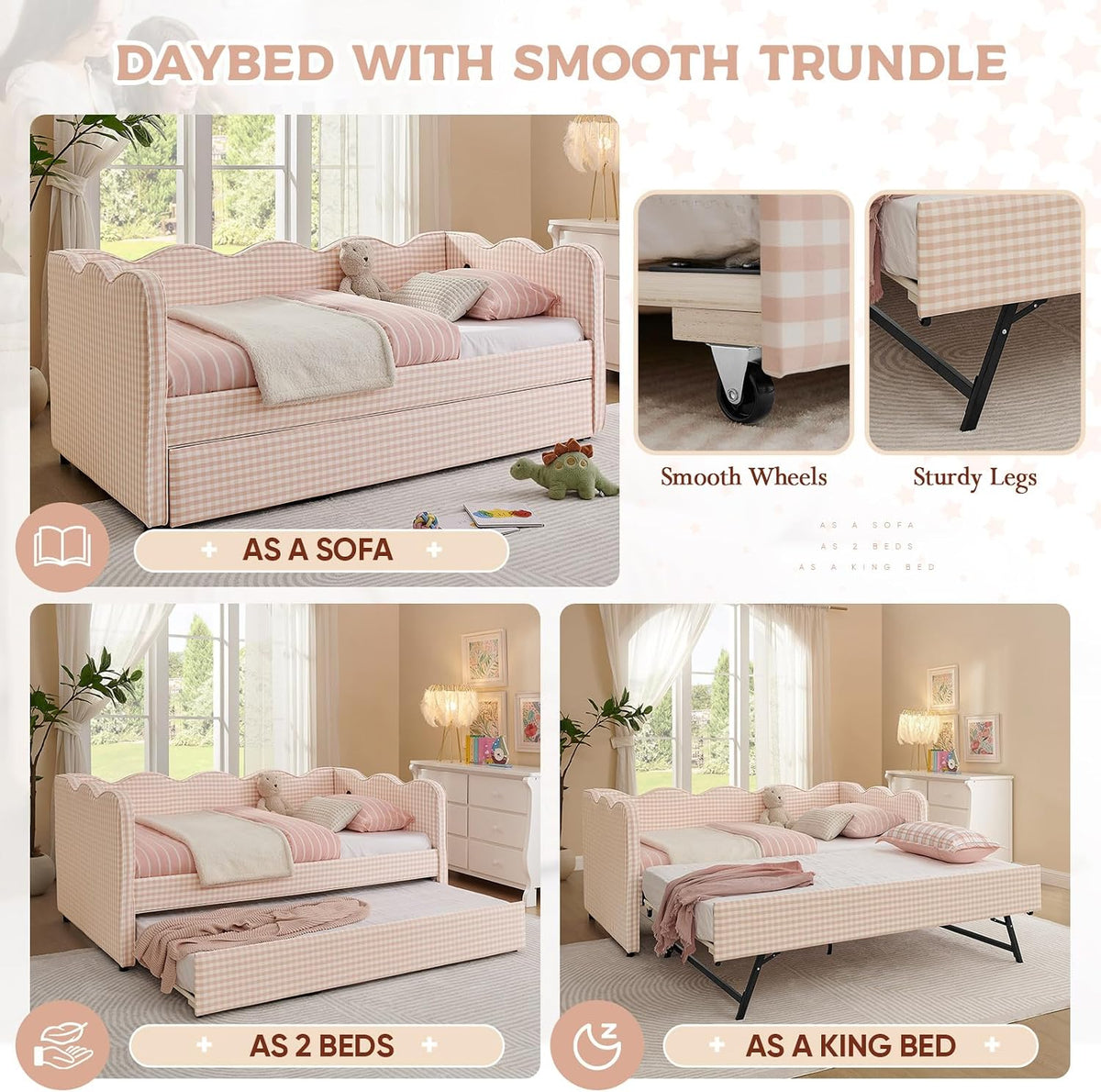 Twin Size Daybed with Pop Up Trundle, Linen Gingham Twin to King Daybed with USB Ports, Upholstered Day Bed Frame, Modern Sofa Bed for Living Room/Bedroom/Guest Room, No Box Spring Needed, Pink