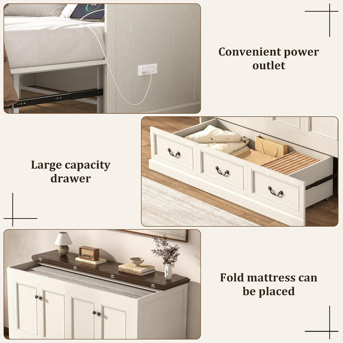 St.Mandyu Full Murphy Bed with Storage Drawers, Farmhouse Folding Bed Chest with Charging Station, Hideaway Beds with Foldable Panel for Guest Bedroom, Living Room, Office, Distressed White