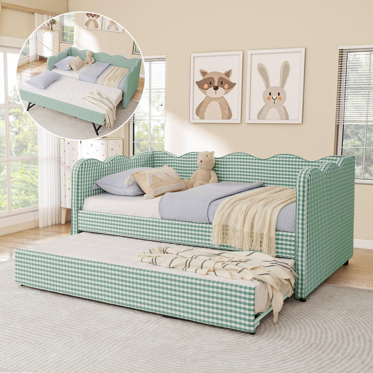 Twin Size Daybed with Pop Up Trundle, Linen Gingham Twin to King Daybed with USB Ports, Upholstered Day Bed Frame, Modern Sofa Bed for Living Room/Bedroom/Guest Room, No Box Spring Needed, Pink