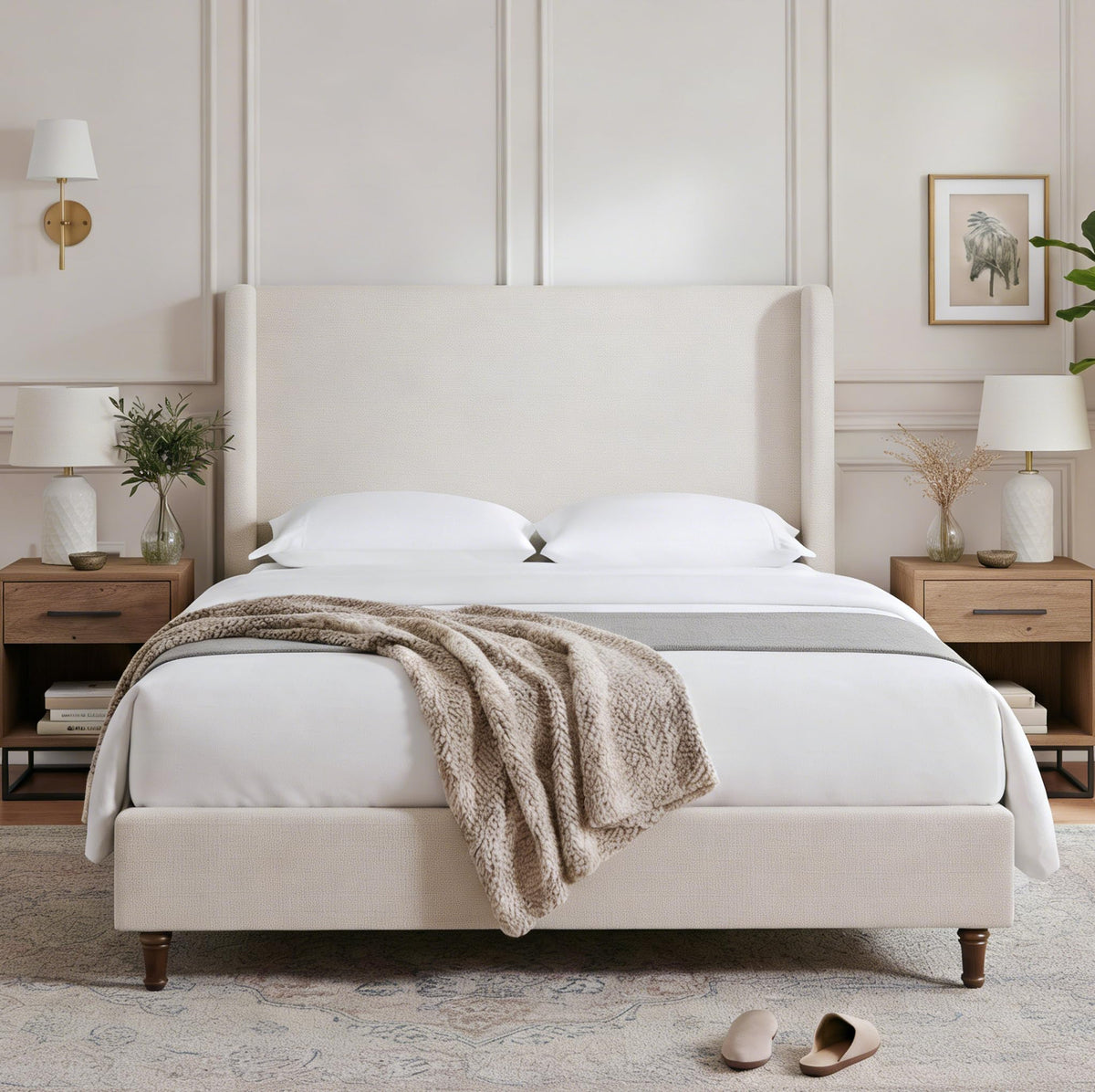 Harper Bed Frame with 54" Extra-Tall Headboard - Modern Wingback Upholstered Platform Bed, Textured Boucle Fabric, 1000lbs Heavy Duty Support, No Box Spring Needed(Ivory, King U.S. Standard)