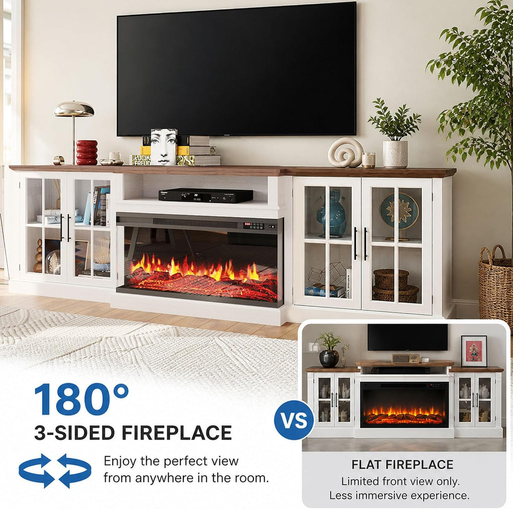 98" Farmhouse TV Stand with Fireplace, White & Black
