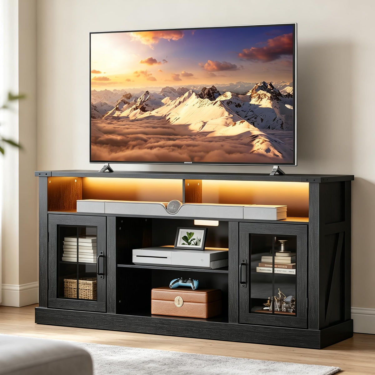 WLIVE Farmhouse TV Stand for 65 Inch TV with LED Lights, TV Console, Black