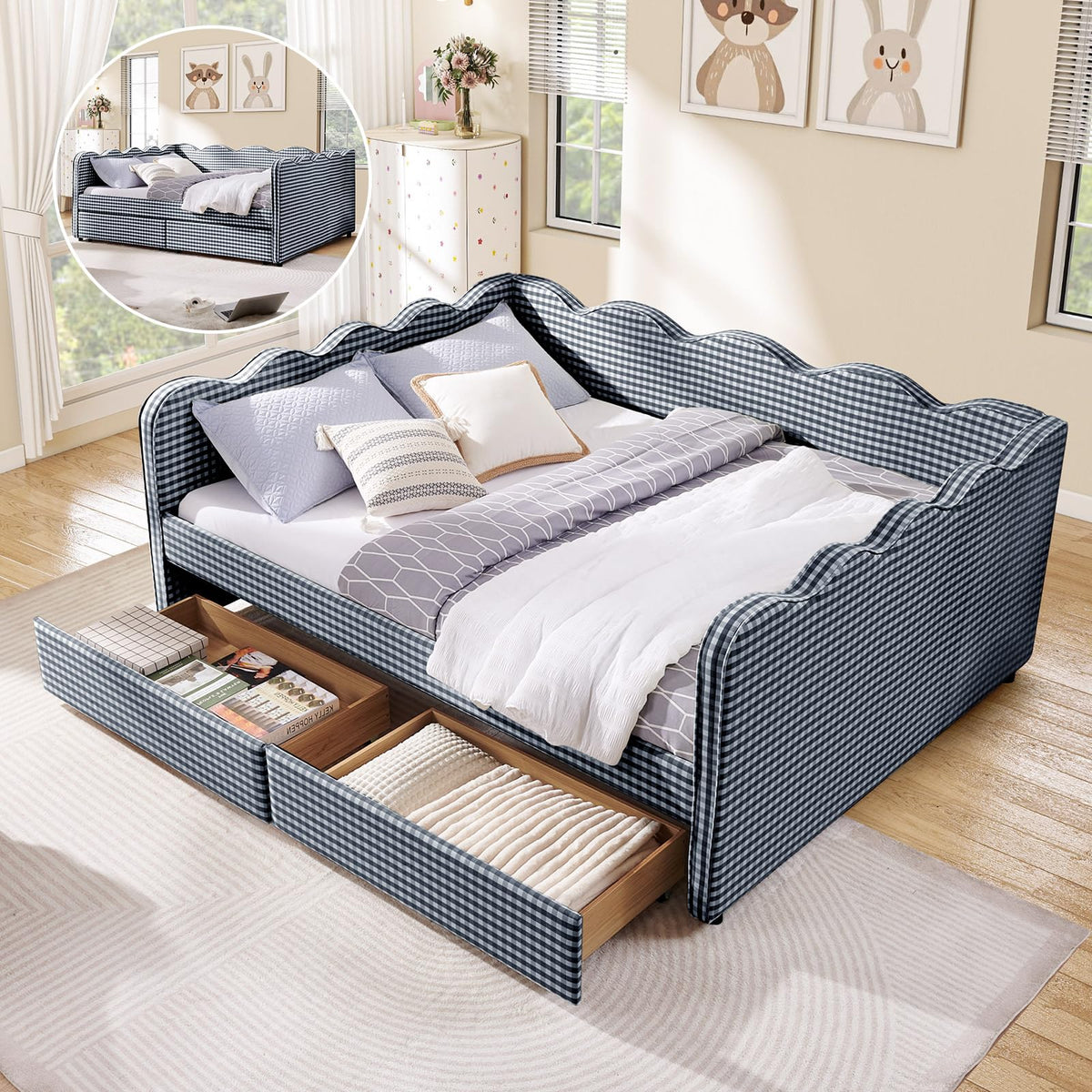 Twin Size Daybed with Pop Up Trundle, Linen Gingham Twin to King Daybed with USB Ports, Upholstered Day Bed Frame, Modern Sofa Bed for Living Room/Bedroom/Guest Room, No Box Spring Needed, Pink