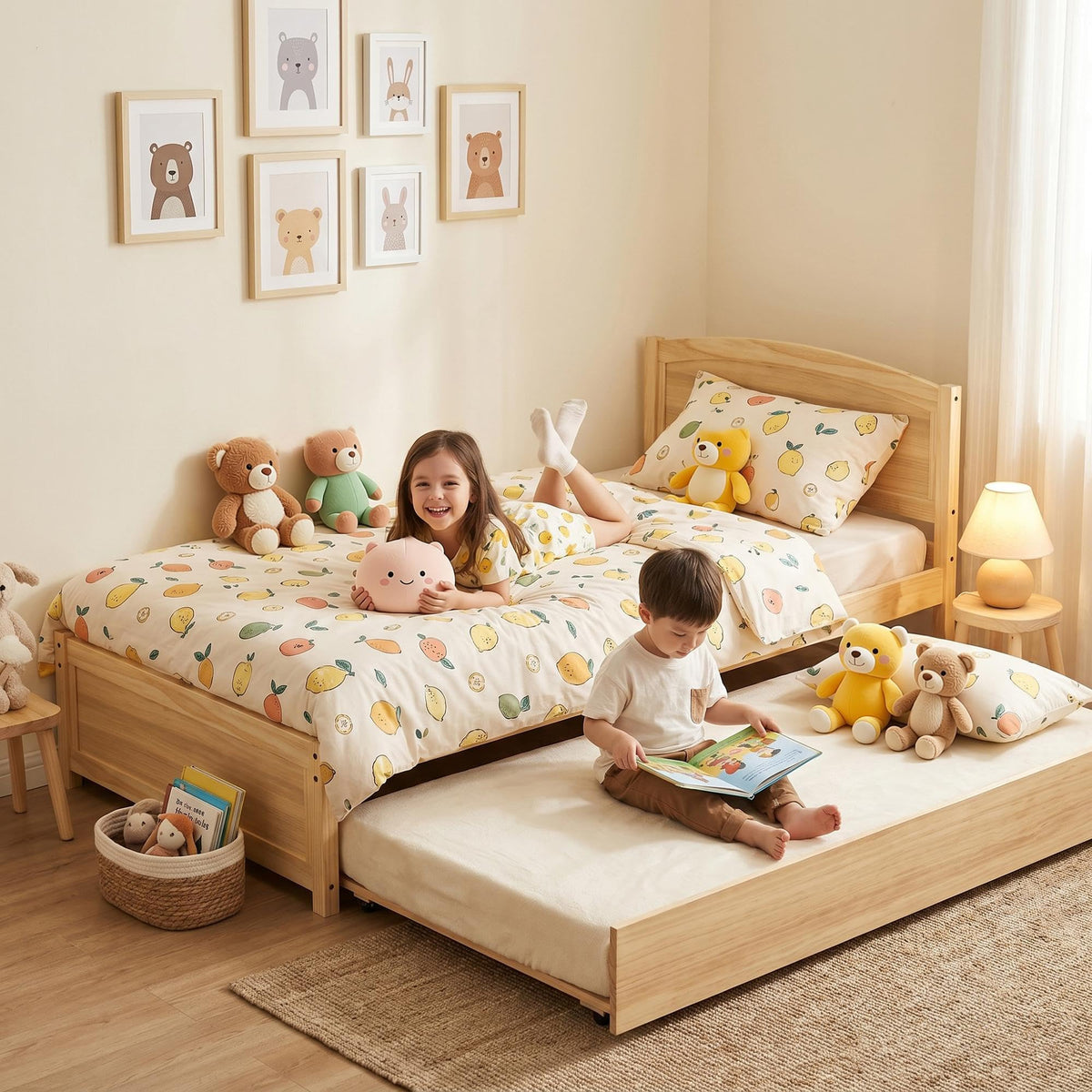 Betterhood Twin Bed with Trundle, Solid Wood Twin Size Bed Frame, Pull Out Trundle Bed with Headboard and Footboard, Extendable Wooden Slats Platform Bed for Kids Teens Adults, White