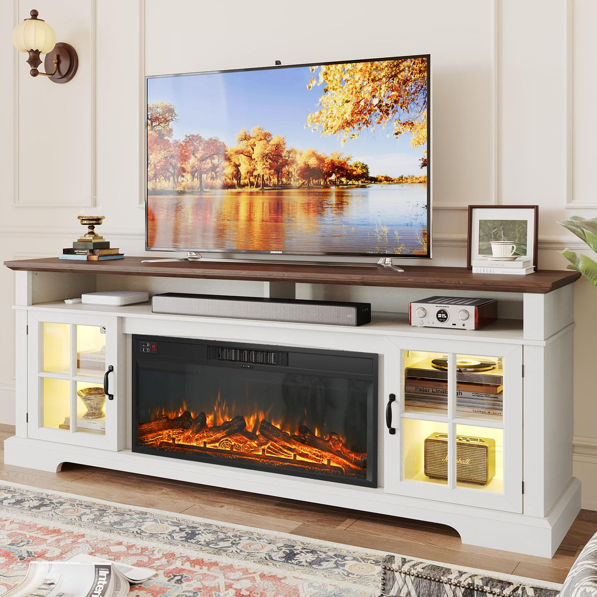 70" TV Stand with Electric Fireplace, Modern Entertainment Center for TVs Up to 80 Inches, Media Console with Storage Cabinets & Doors, Farmhouse Style for Living Room, Black