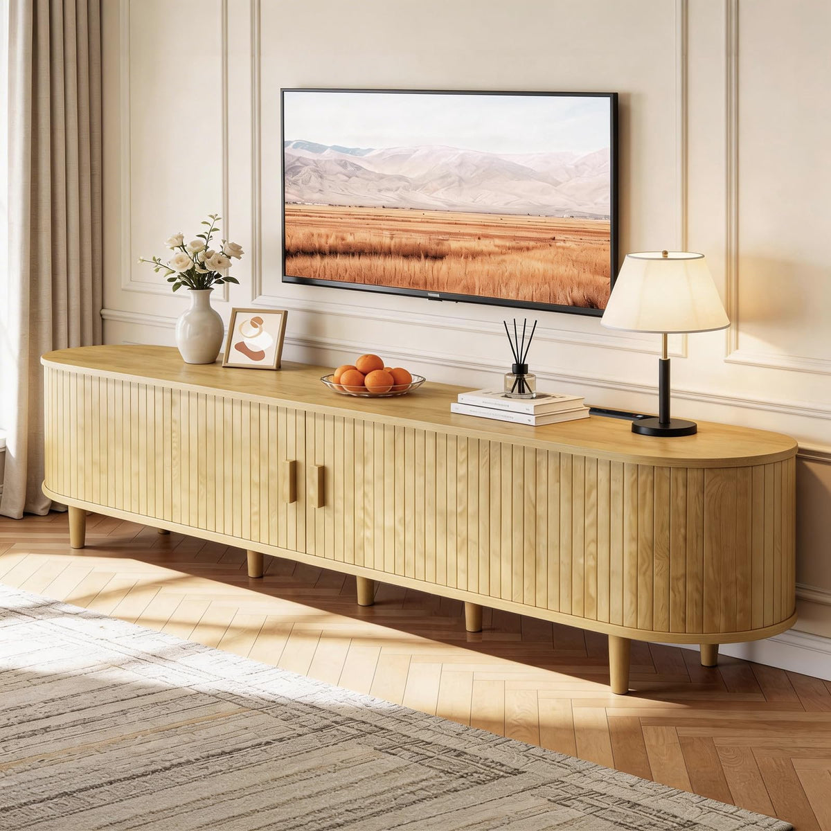 65" Mid Century Modern TV Stand with Power Outlet, Fluted Entertainment Center with Storage and Adjustable Shelves, Wood TV Console with Sliding Doors for Living Room, Walnut