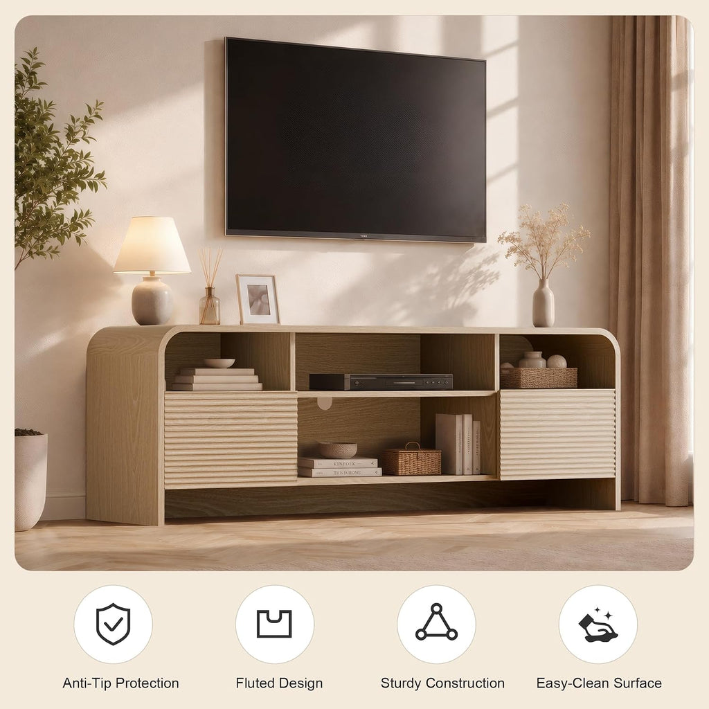 59" Fluted TV Stand, Modern Media Console for TVs up to 65", Natural Oak