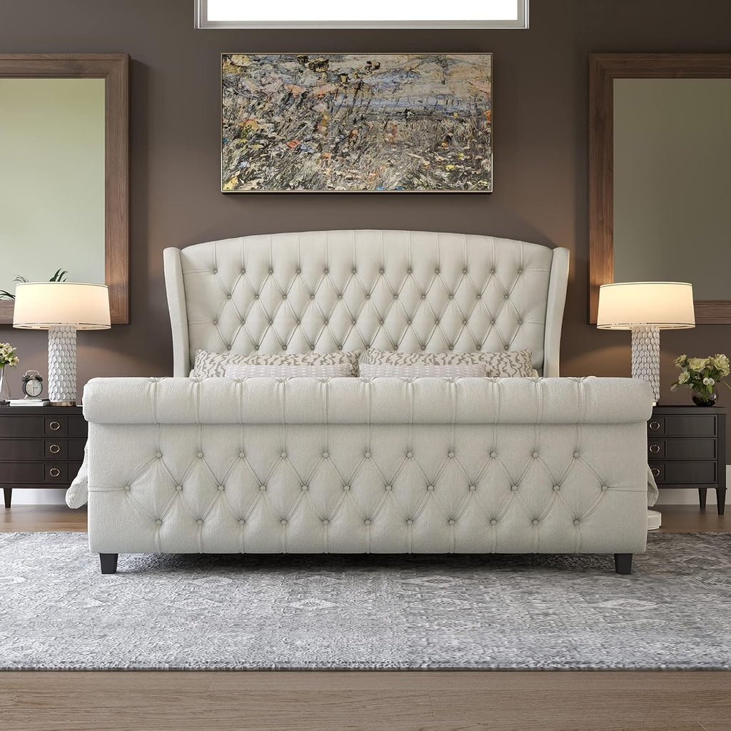 AMERLIFE Queen Size Upholstered Sleigh Bed Frame with Wingback Headboard