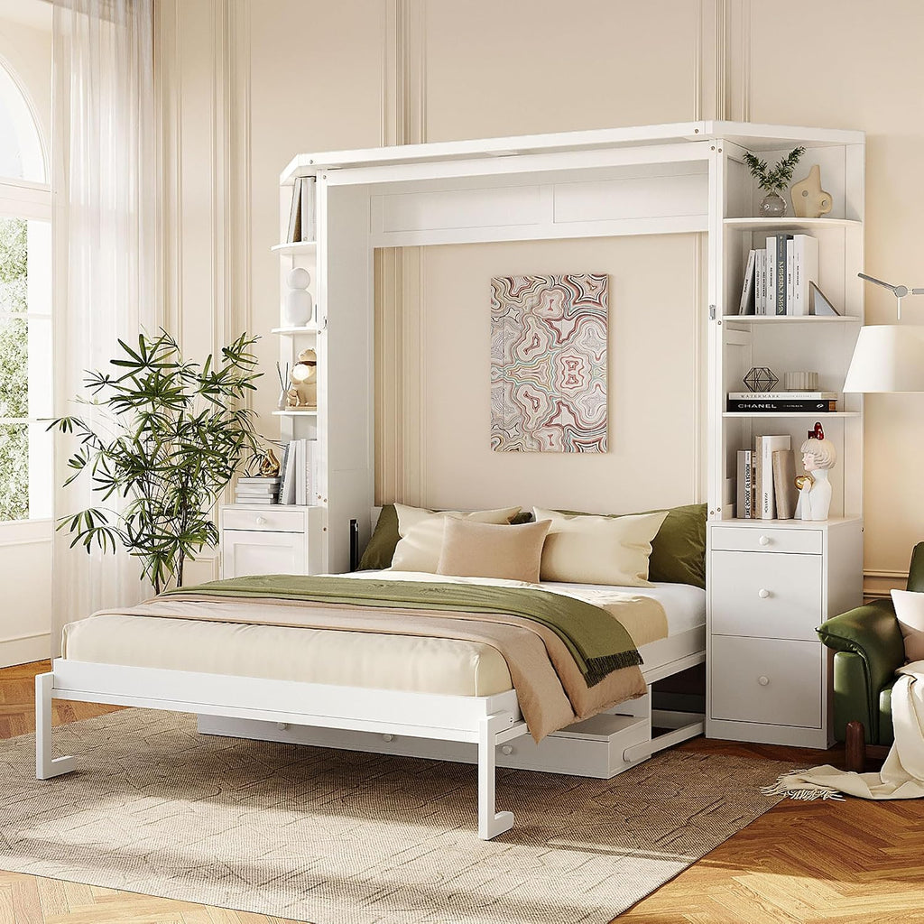 YOPTO Queen Murphy Bed with Storage Shelves and Desk,Cabinets,Lights,White