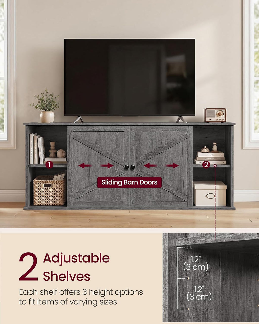 VASAGLE Farmhouse TV Stand for 65" TV, Media Console, Sliding Barn Doors