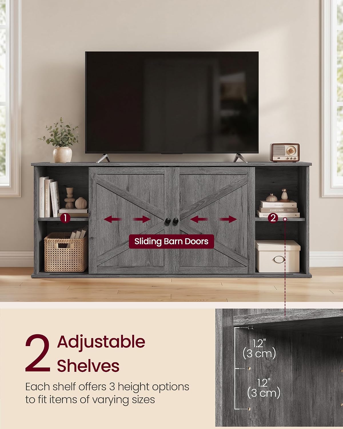VASAGLE Farmhouse TV Stand for 65" TV, Media Console, Sliding Barn Doors