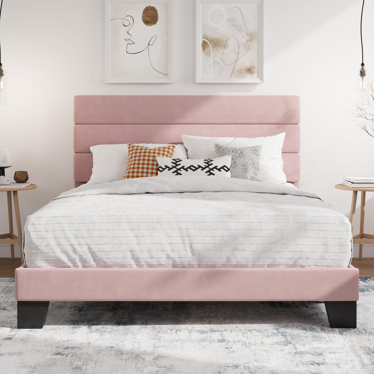 SHA CERLIN Queen Platform Bed Frame with Upholstered Fabric Headboard,Beige