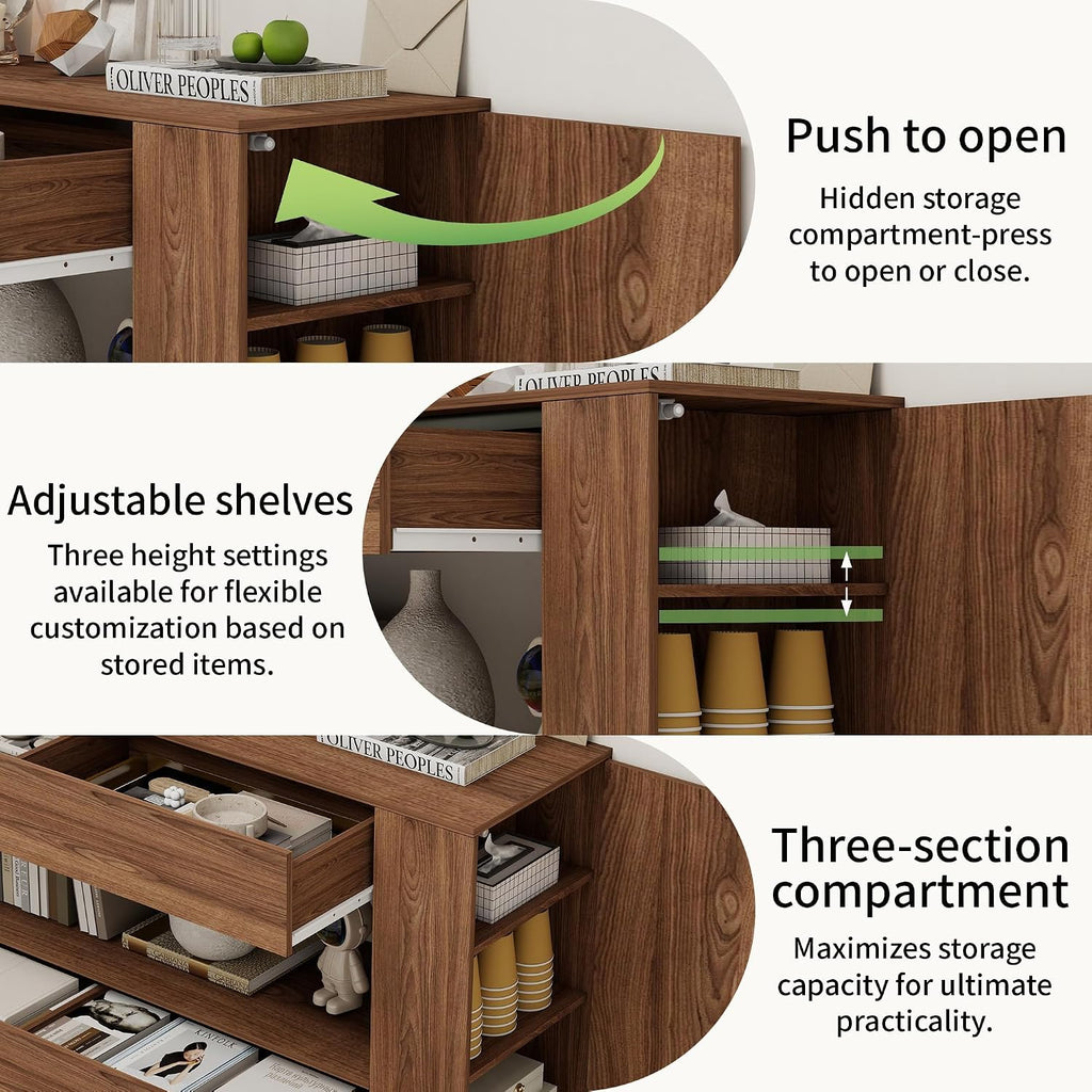 65" TV Stand with 2 Drawers & Hidden Cabinets, Brown Wood Grain Finish