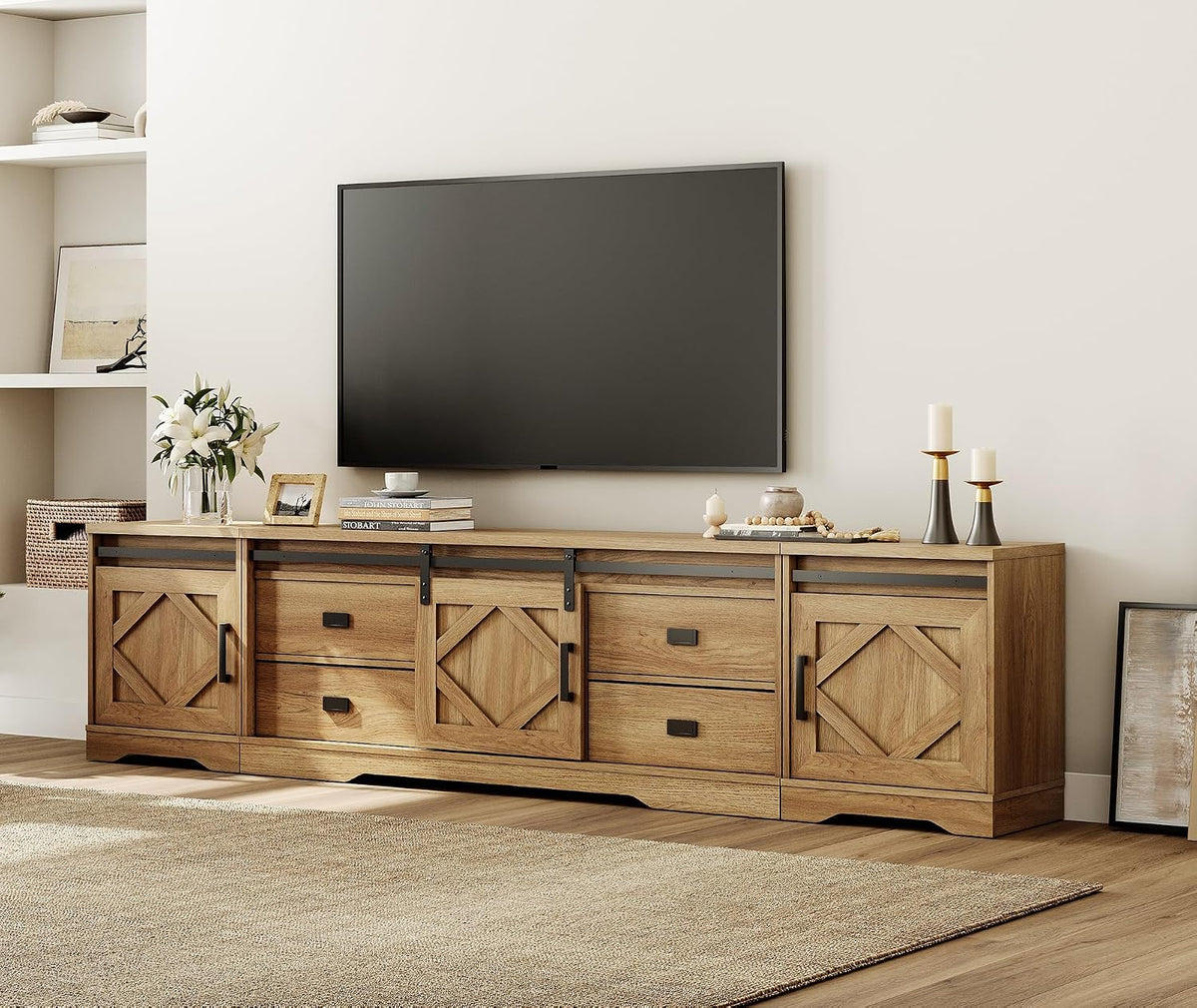 WAMPAT 98.5 inch Wide Large Farmhouse TV Stand w/Drawers & Storage Cabinet