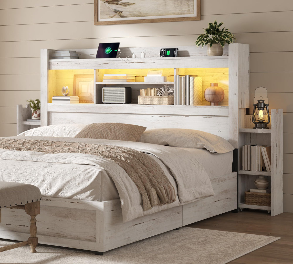 AMERLIFE Queen/Full Size Wood Headboard Only with Storage, Black Oak