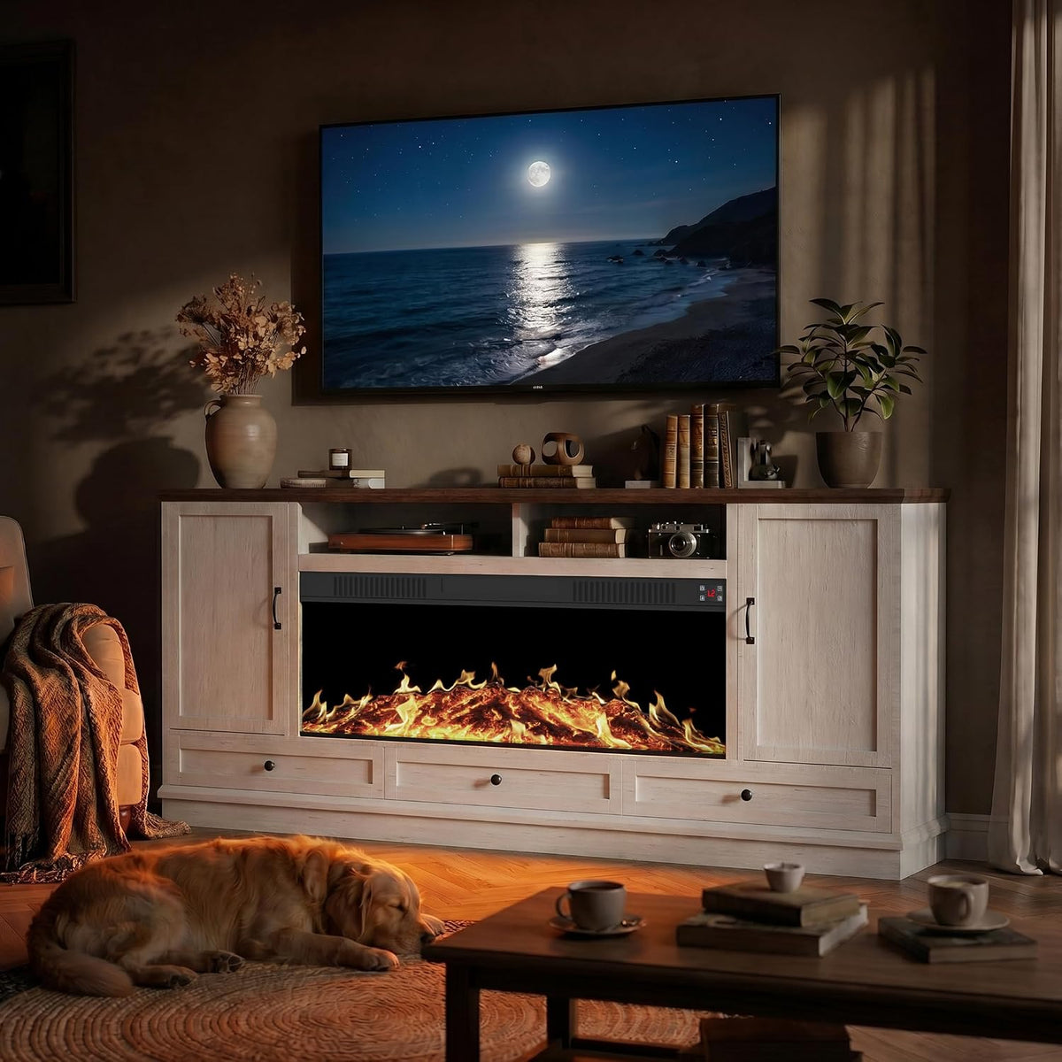 85" Large TV Stand with 47" Fireplace, 85" W & 39" H, Beige